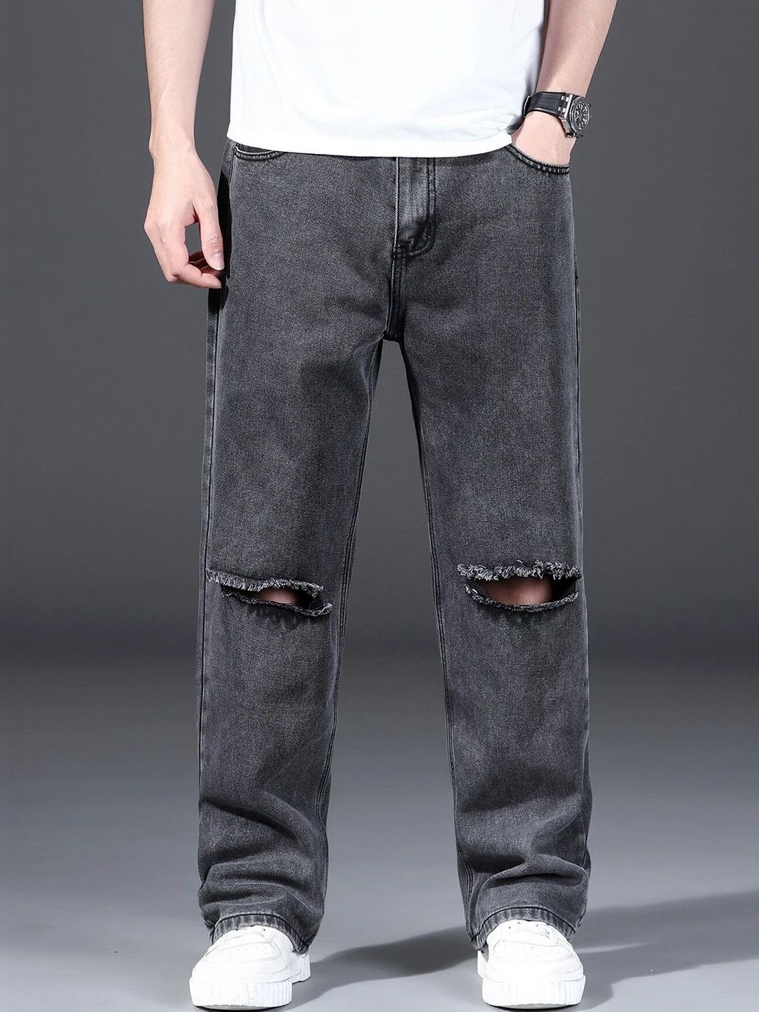 UNITED DENIM Men Loose Mid-Rise Highly Distressed Light Fade Stretchable Jeans-image-37