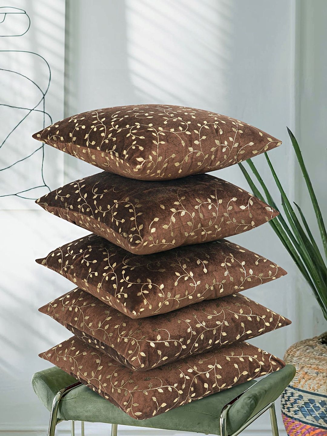 RD TREND Brown Set of 5 Velvet Square Cushion Covers-picture-51