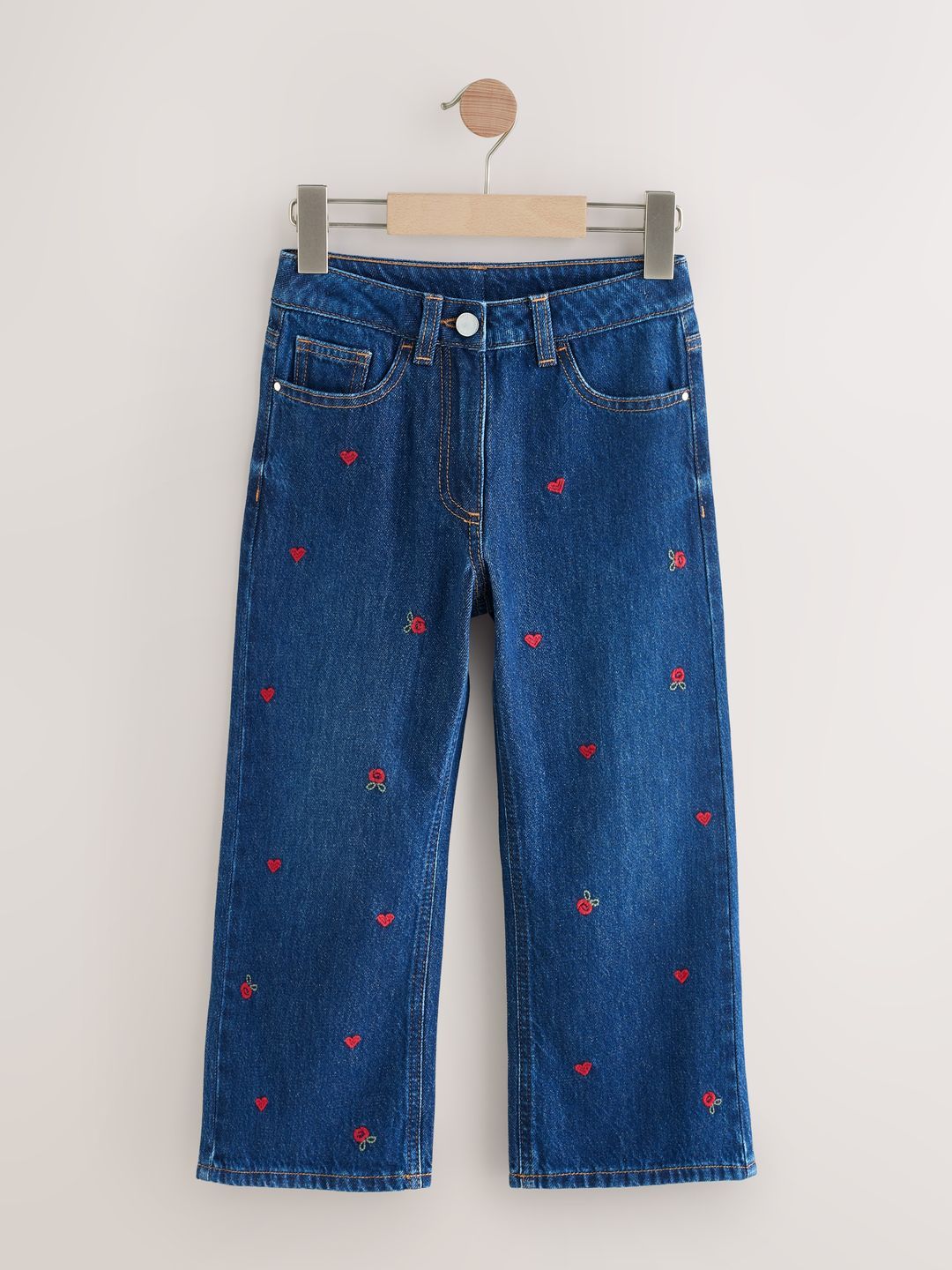 NEXT Girls Wide Leg Mid-Rise Embroidered Pure Cotton Jeans
