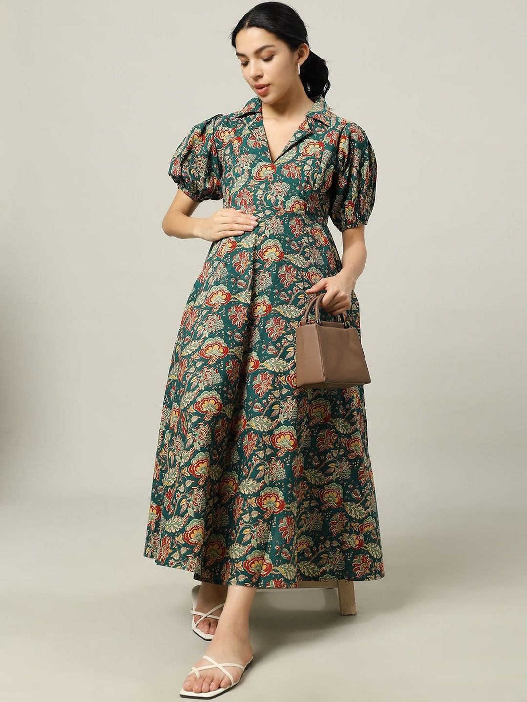 Gujari Floral Print Puff Sleeve Maternity Fit & Flare Midi Dress-image-6