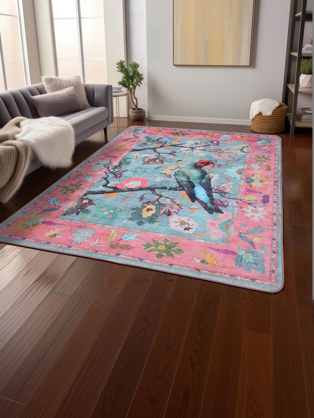 AAZEEM Multicoloured Floral Anti-Skid Polyester Carpet