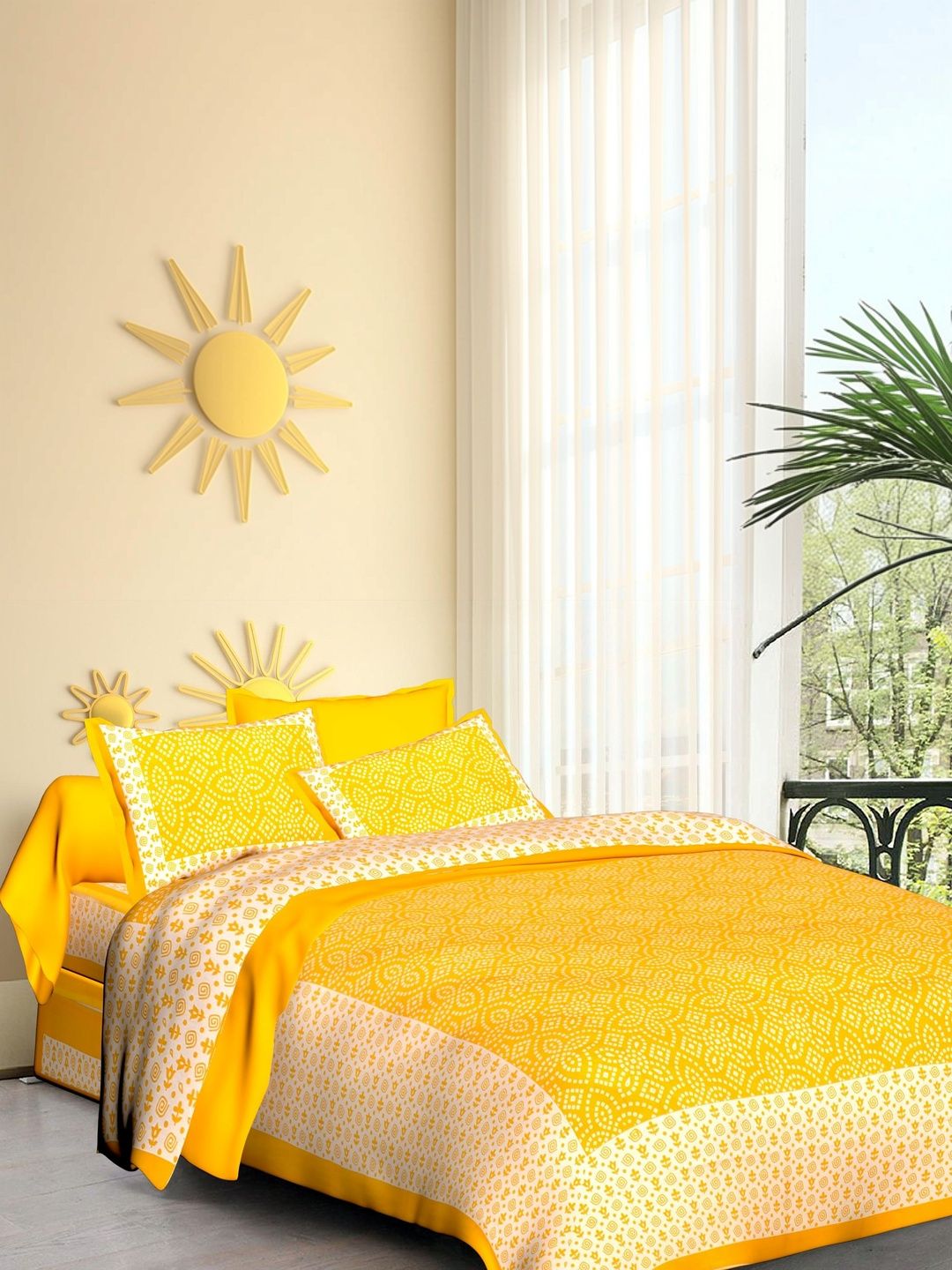 DGSM CRAFT Yellow Geometric 180 TC Queen Bedsheet with 2 Pillow Covers-picture-38