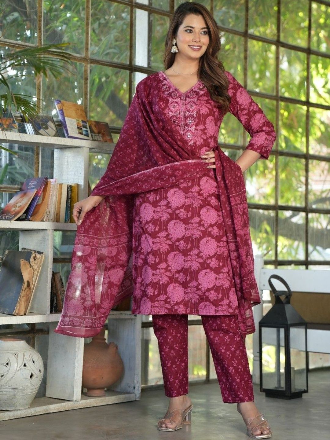 Anouk Women Floral Printed Regular Mirror Work Pure Cotton Kurta with Trousers & With Dupatta-picture-37