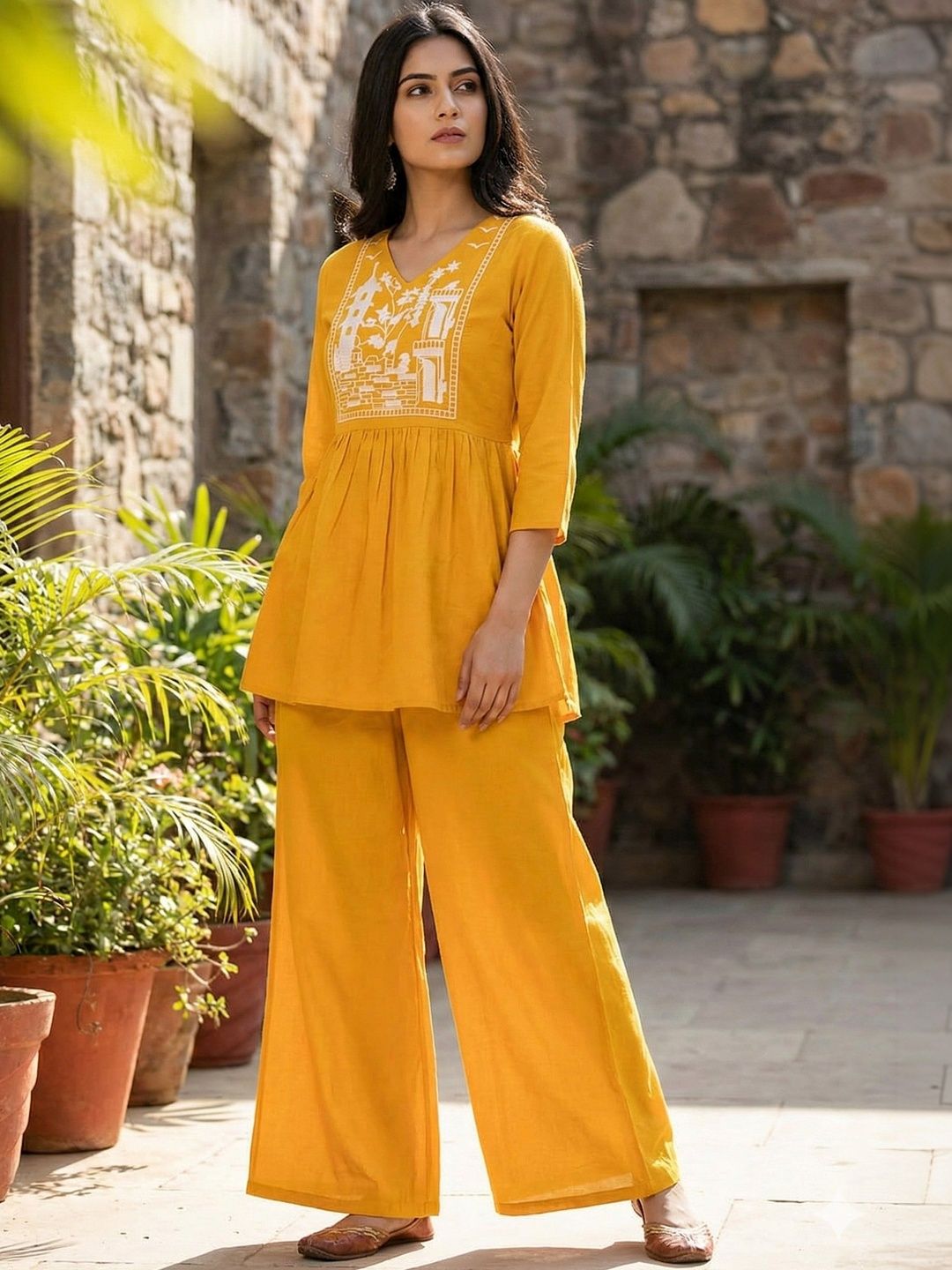 Bunkari Women Ethnic Motifs Embroidered Regular Thread Work Pure Cotton Kurti with Palazzos-picture-19