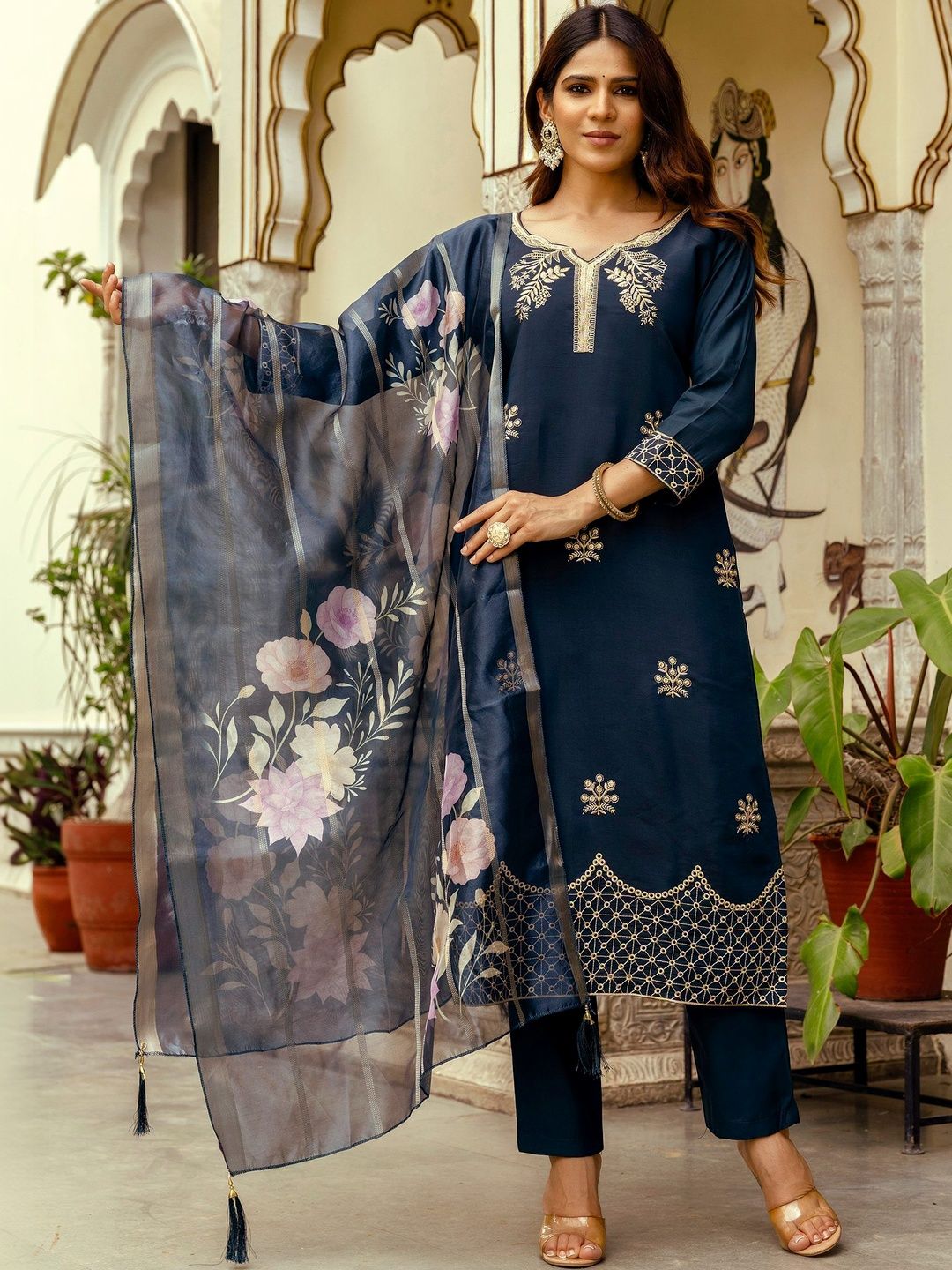 SZN Women Ethnic Motifs Embroidered Regular Thread Work Chanderi Silk Kurta with Trousers & With Dupatta-picture-28