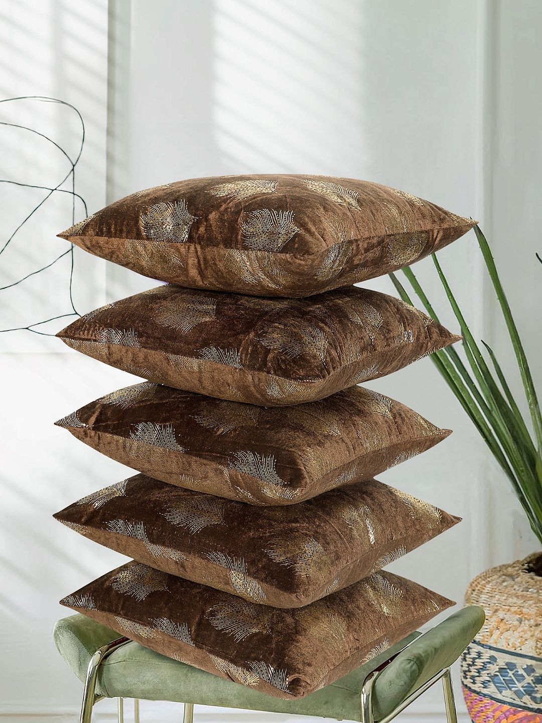 RD TREND Brown Set of 5 Velvet Square Cushion Covers-picture-18