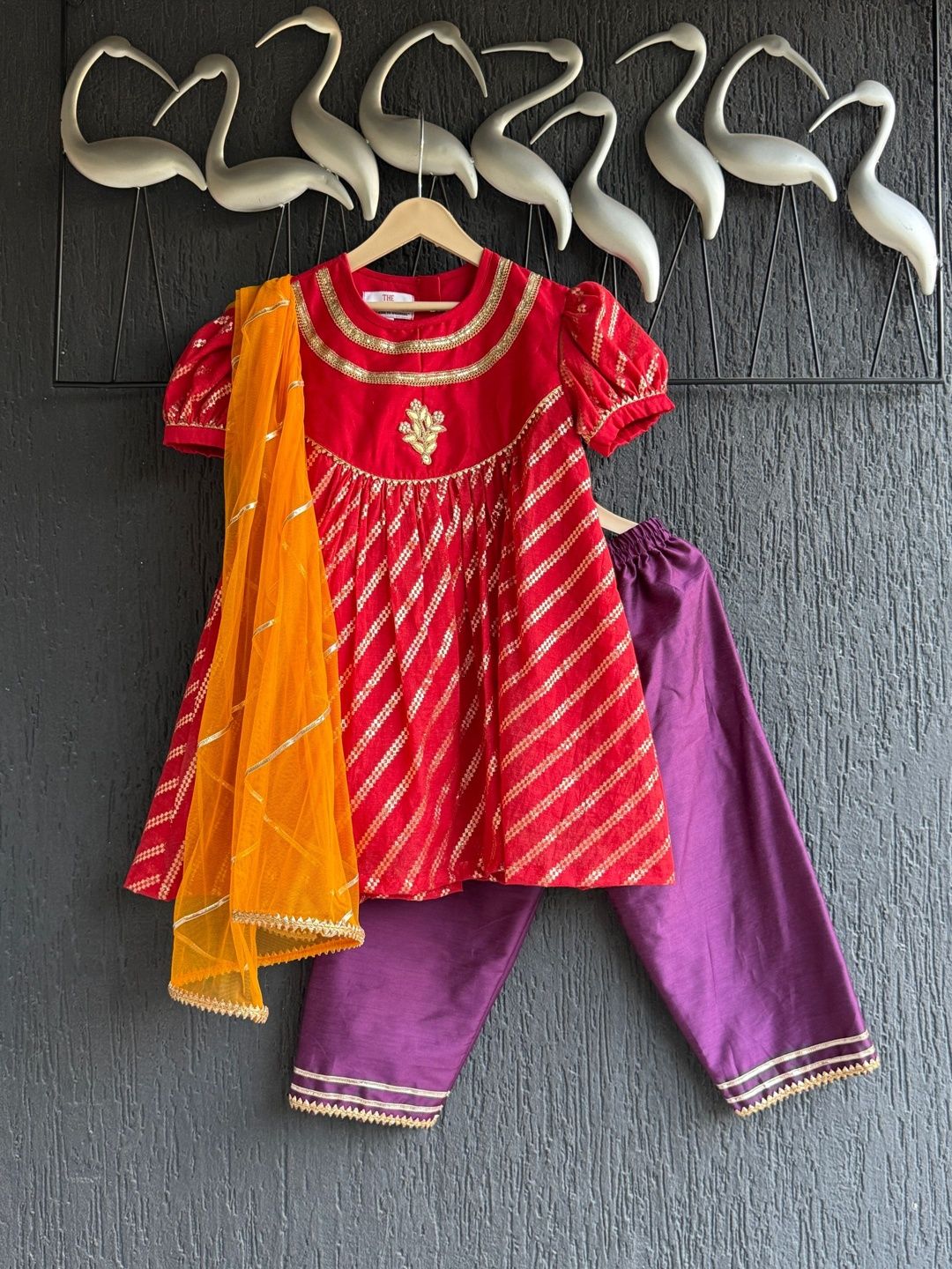 THE WISHING CLOSET Girls Leheriya Striped Empire Gotta Patti Pure Cotton Kurta with Trousers & With Dupatta-picture-42