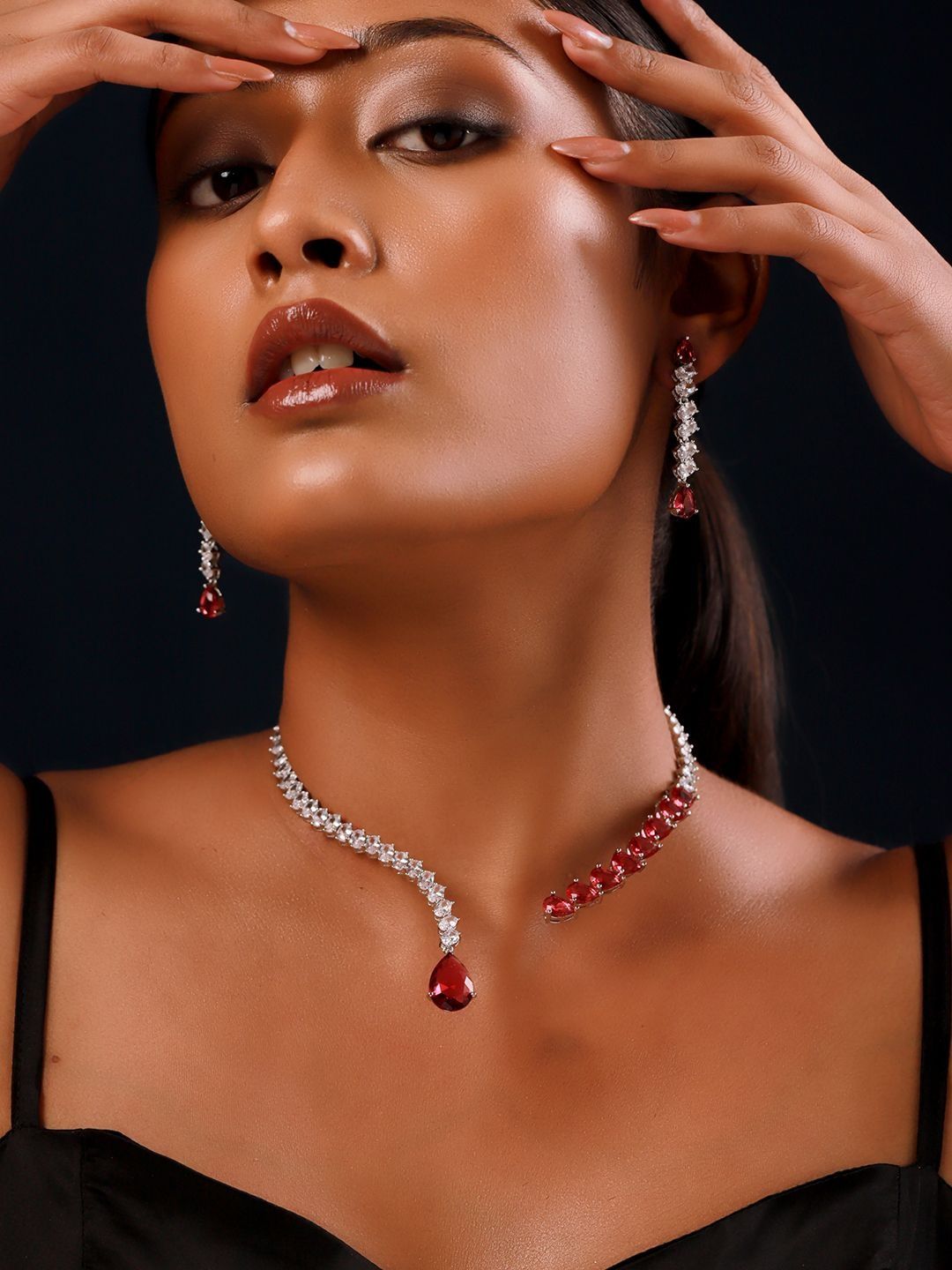 voylla Sparkling Elegance Dilbar Ruby Starfall Glam Hasli Necklace Set-picture-11