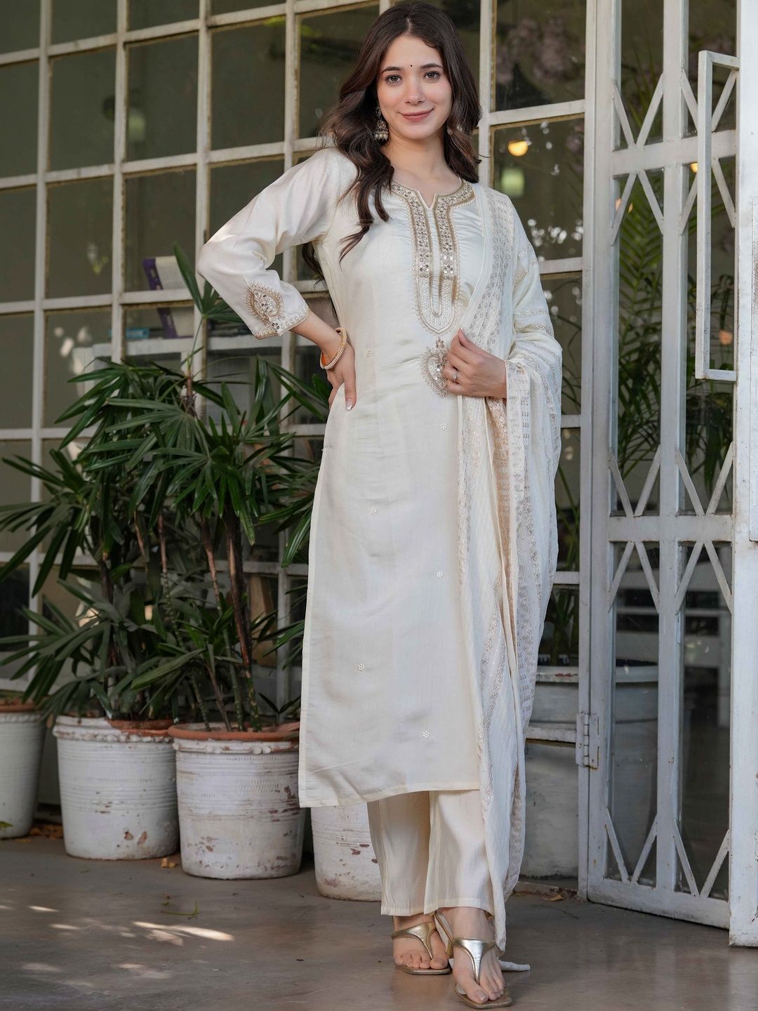 SZN Women Ethnic Motifs Embroidered Regular Thread Work Chanderi Silk Kurta with Trousers & With Dupatta-picture-31