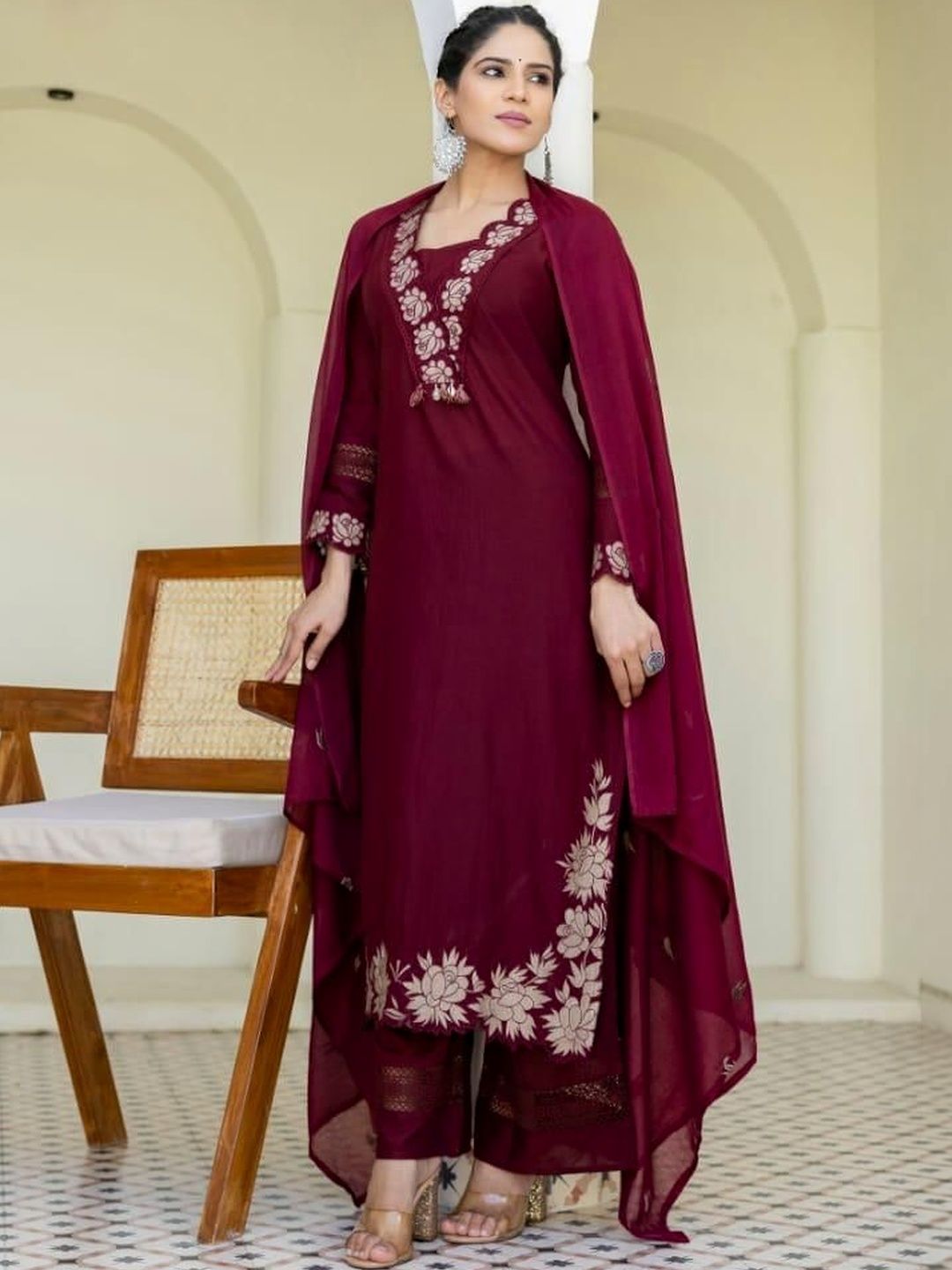 MILAAV Women Floral Embroidered Regular Thread Work Kurta with Palazzos & With Dupatta-picture-18