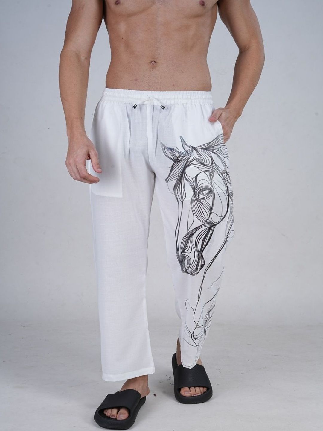 NIRMAL ONLINE Horse Sketch Printed Mid-Rise Straight Lounge Pants-image-48