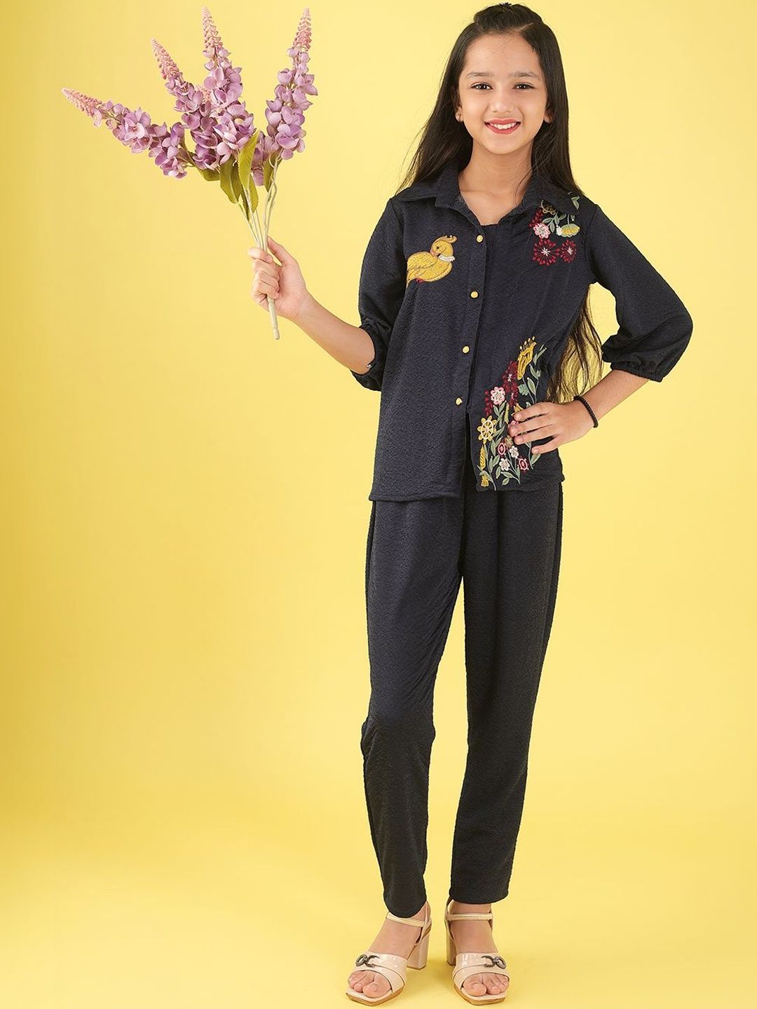 Sangria Embroidered V-Neck Shirt & Trousers Clothing Set-picture-10