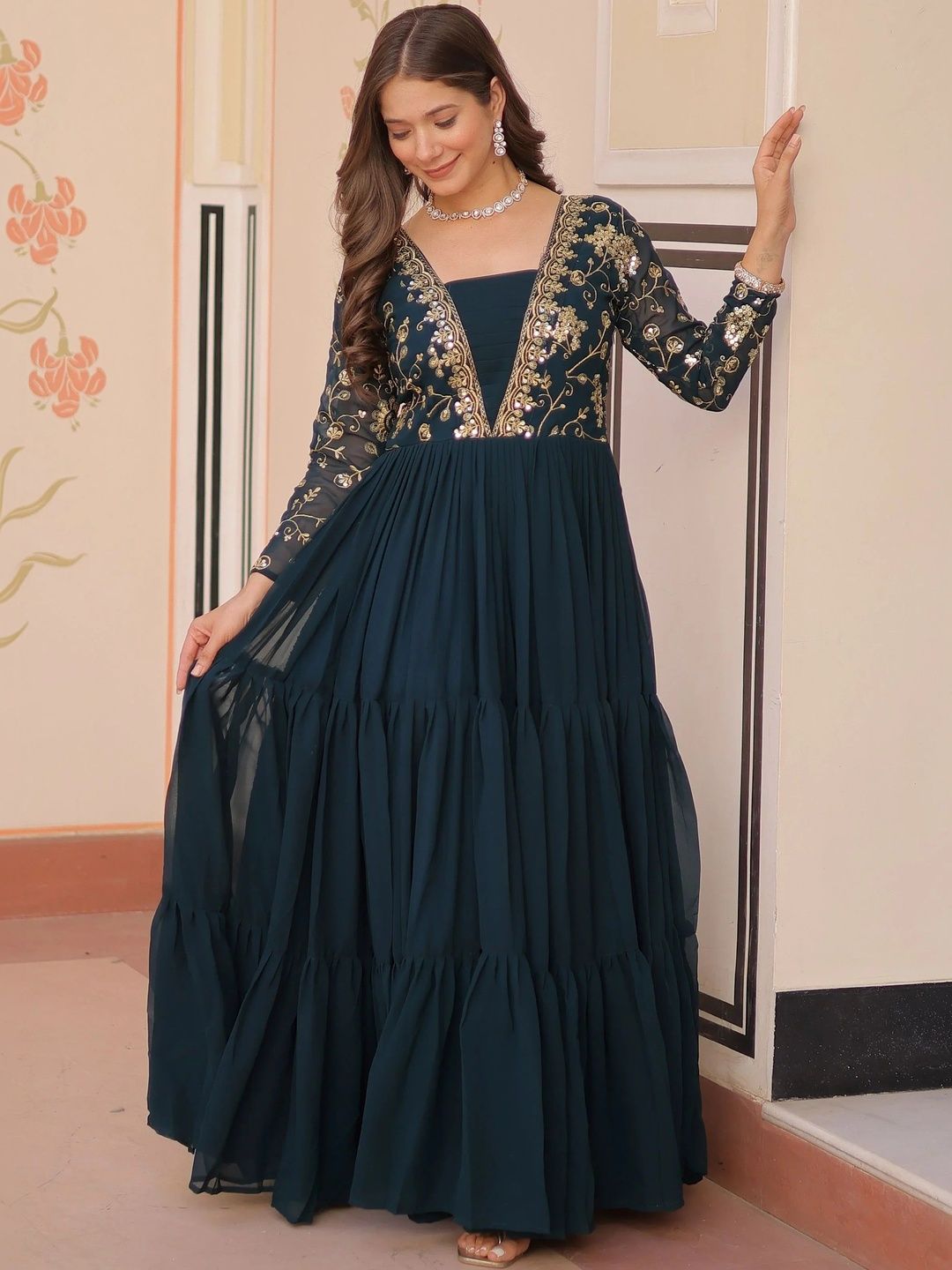 LAZZLY Ethnic Motifs Embroidered Sequinned Georgette Fit & Flare Maxi Ethnic Dress-image-43