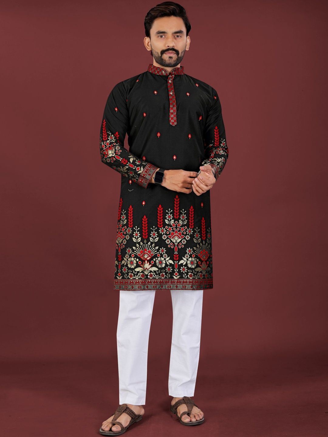 CHARLOTTE GRACIOUS Men Ethnic Motifs Embroidered Thread Work Grandeur & Majestic Artwork Jacquard Kurta-picture-14