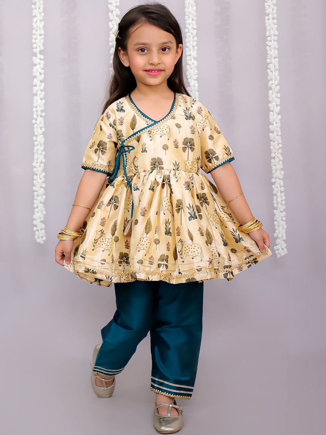 THE WISHING CLOSET Girls Ethnic Motifs Printed Angrakha Pure Cotton Kurta with Trousers-picture-51