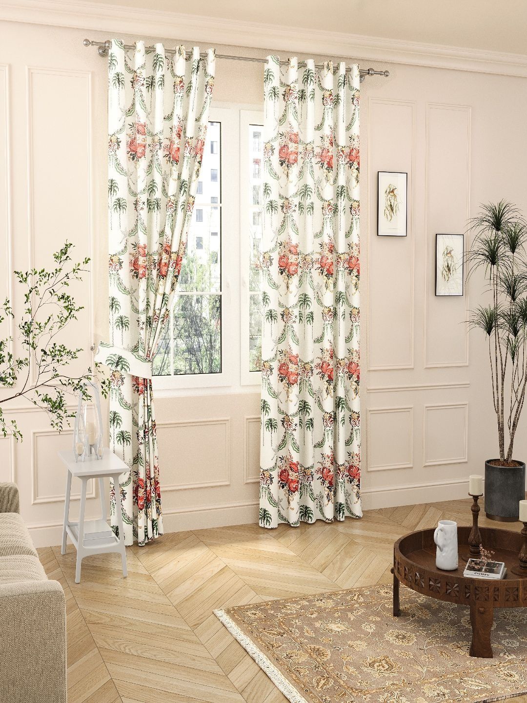 JAIPUR FABRIC White & Pink Floral Long Door Curtain-image-49