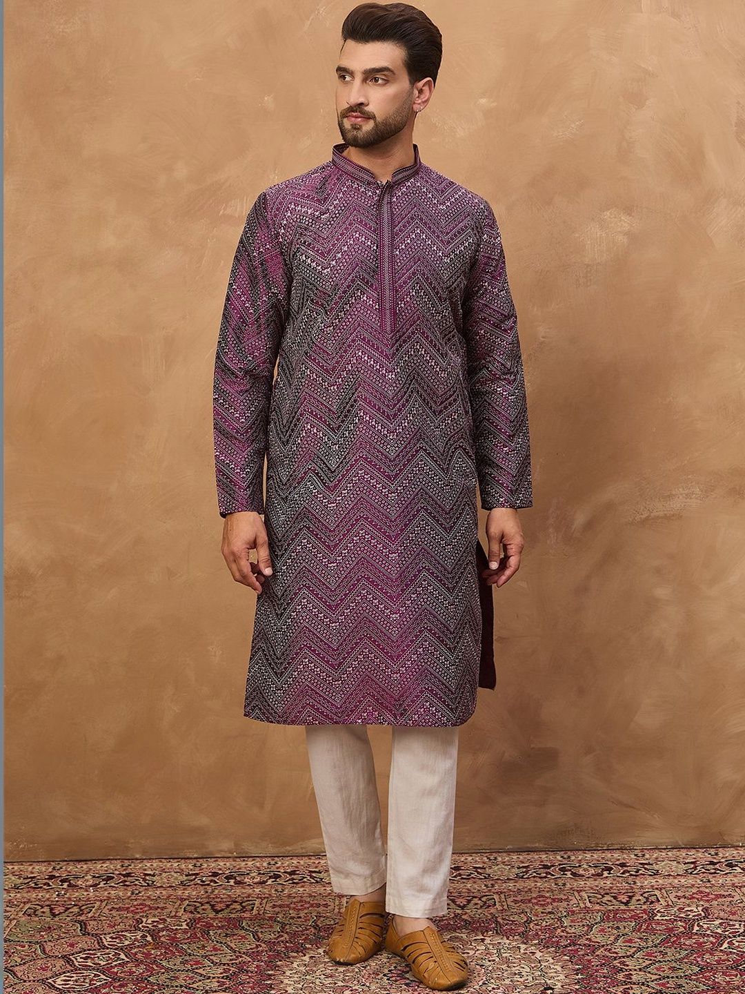 House of Pataudi Printed Silk Mandarin Collar Straight Kurtas-picture-49