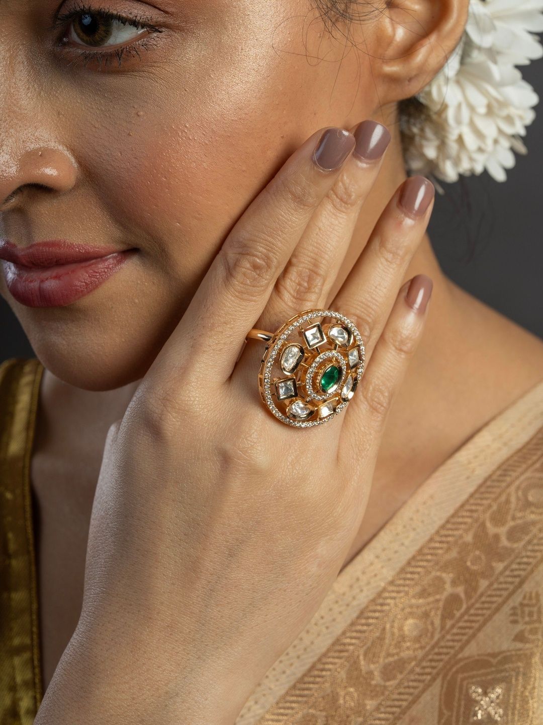 KAYRAH Gold-Plated Brass Kundan Finger Ring-picture-13