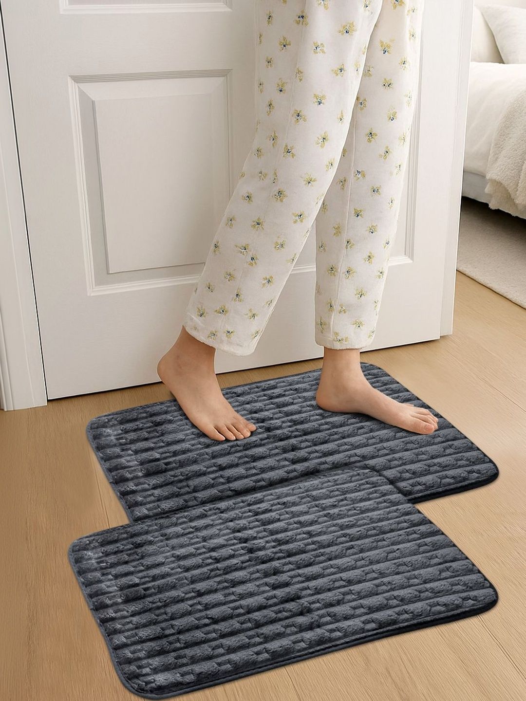 Myntra Elegant Homes 2-Pcs Grey Striped Ultra Soft Anti Skid Bat Mats-image-3