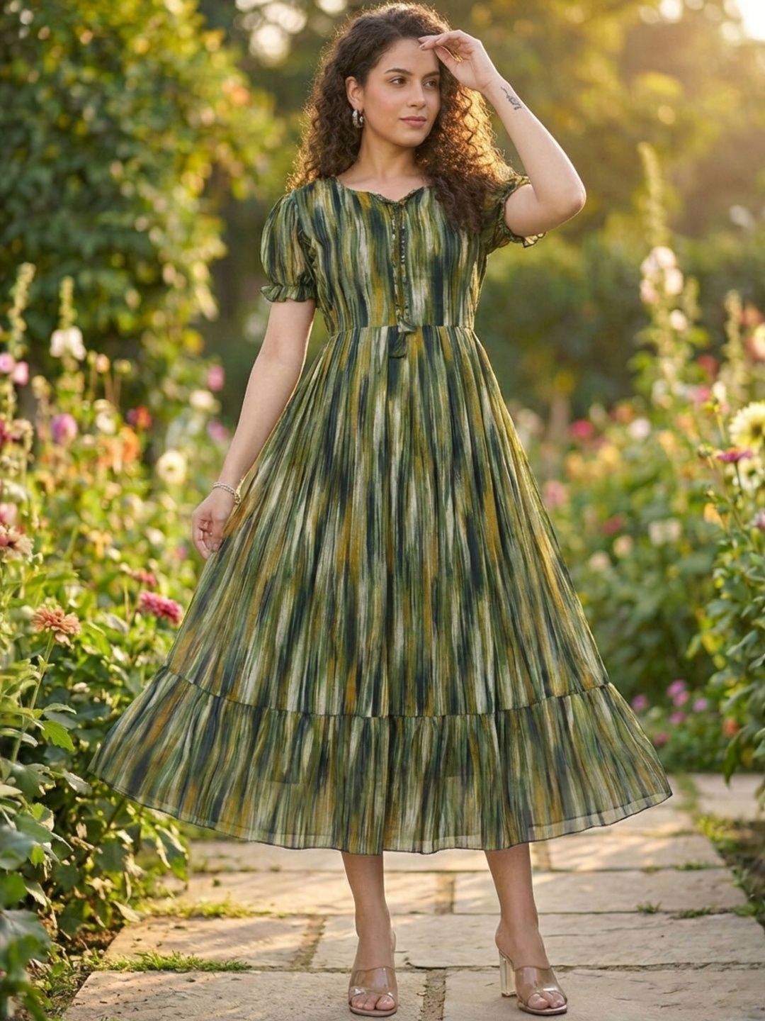 HOUSE OF AXI Print Puff Sleeve Georgette Fit & Flare Midi Dress-picture-38