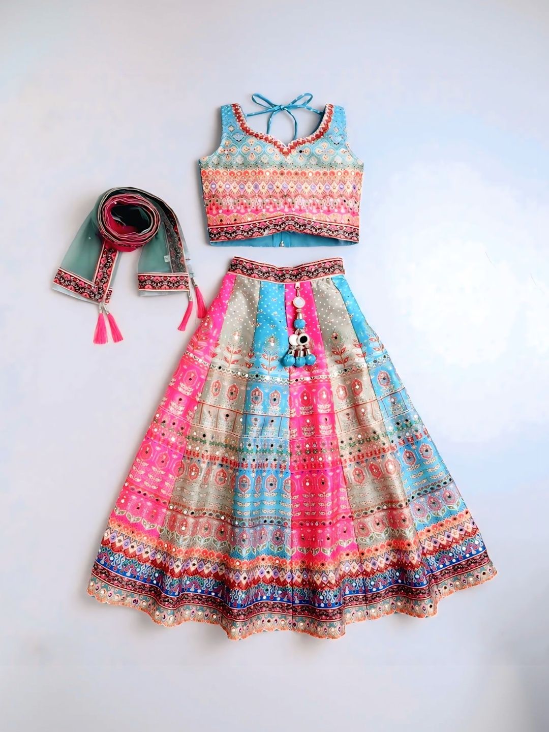 SK DRESSES Girls Embellished Mirror Work Ready to Wear Lehenga & Blouse With Dupatta-picture-11
