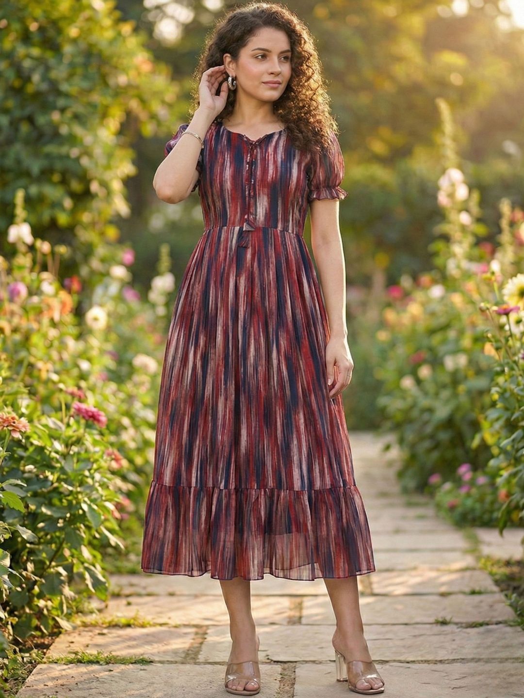 HOUSE OF AXI Print Puff Sleeve Georgette Fit & Flare Midi Dress-picture-37