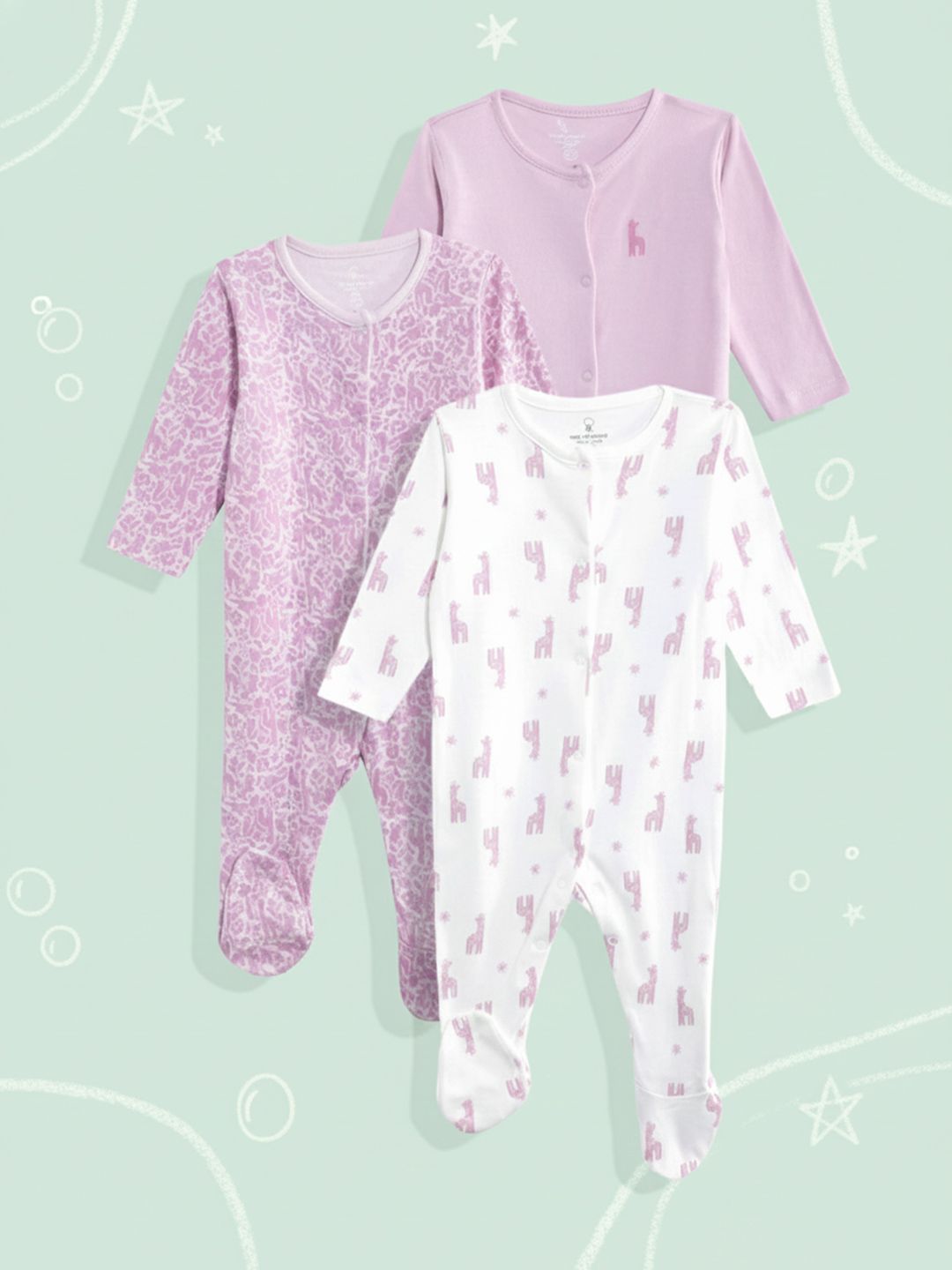 mothercare Infant Girls Pack Of 3 Printed Pure Cotton Sleepsuit-picture-28