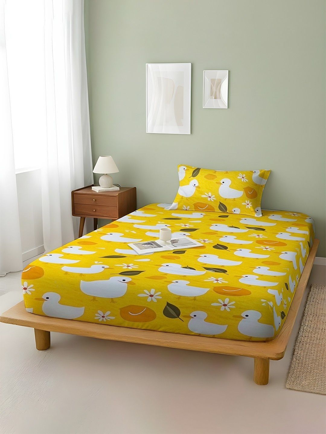 WEAVE AND DECOR Yellow Cartoon Characters 300 TC Single Bedsheet with 1 Pillow Covers-image-48