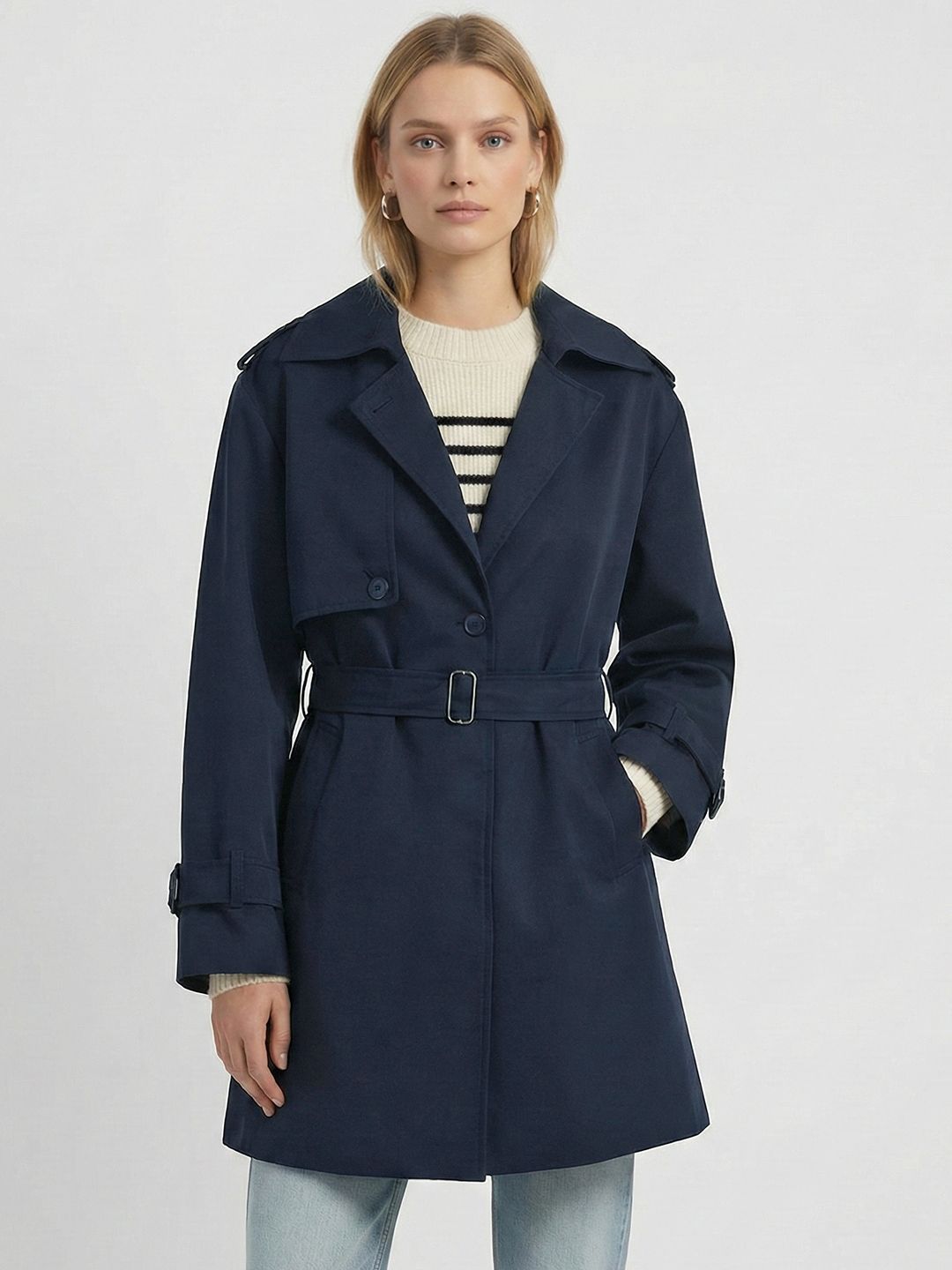 French Connection Notched Lapel Collar Single-Breasted Belted Longline Trench Coat-picture-20