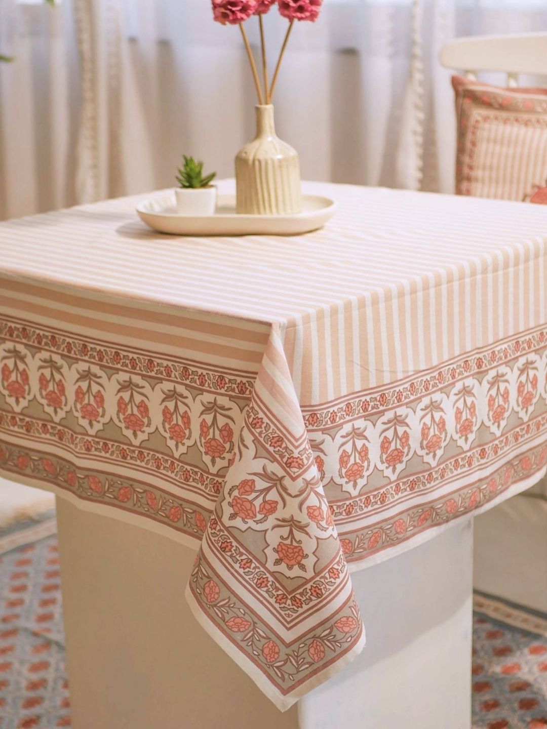 Peepul Tree Pink Floral Anti-Slip Cotton 4-Seater Table Cover-picture-39