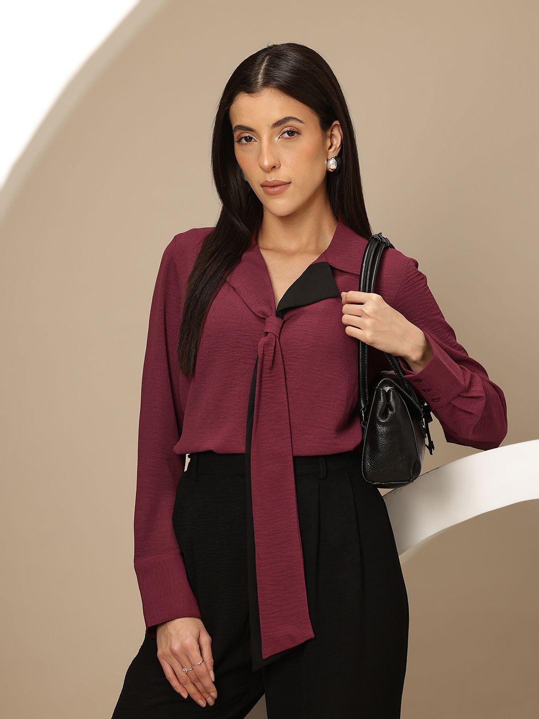 Chemistry Cuban Collar Cuffed Sleeves Shirt Style Top with Tie-Up Detail-picture-57