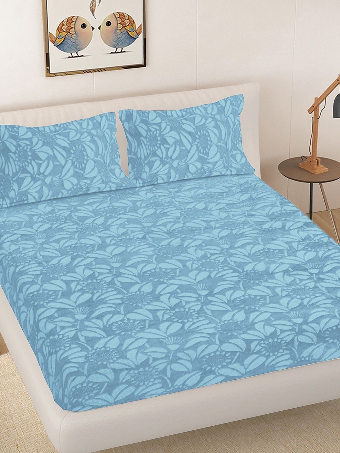 Myntra Elegant Homes Blue Floral 300 TC King Bedsheet with 2 Pillow Covers-picture-47
