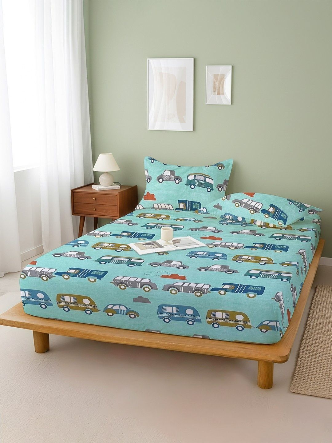 WEAVE AND DECOR Turquoise Blue Conversational 300 TC Single Bedsheet with 2 Pillow Covers-picture-49