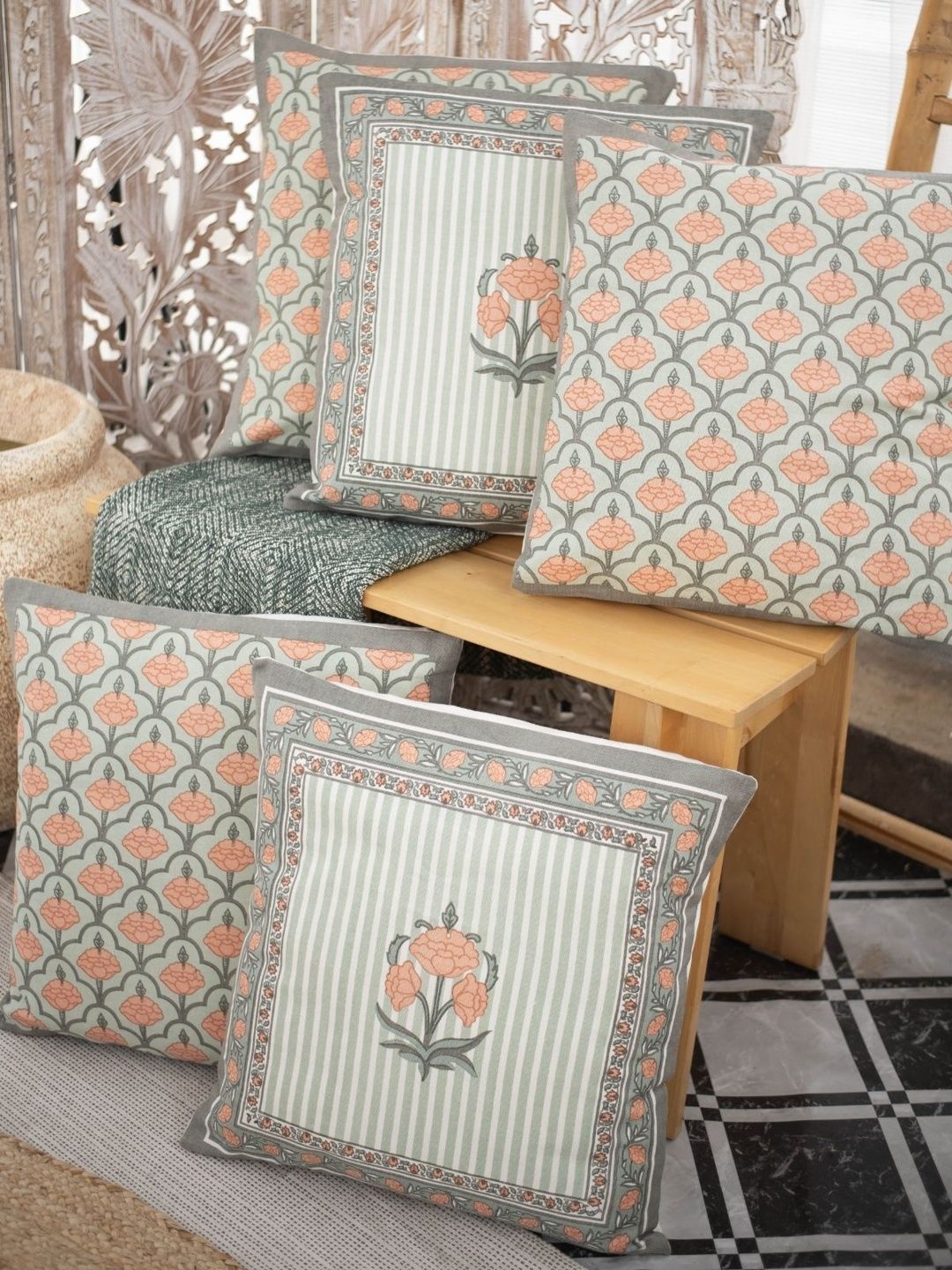 Peepul Tree Green & Pink Set of 5 Floral Square Cushion Covers-image-35