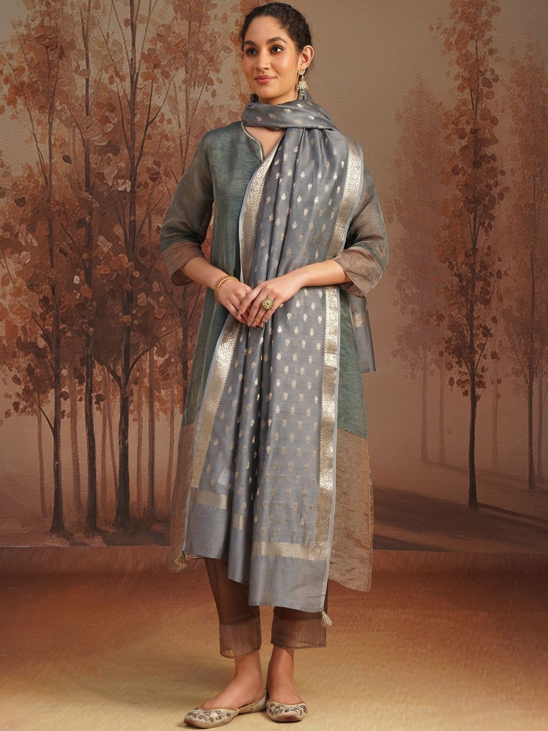 JAYPORE Woven Design Cotton Silk Dupatta with Thread Work-picture-57