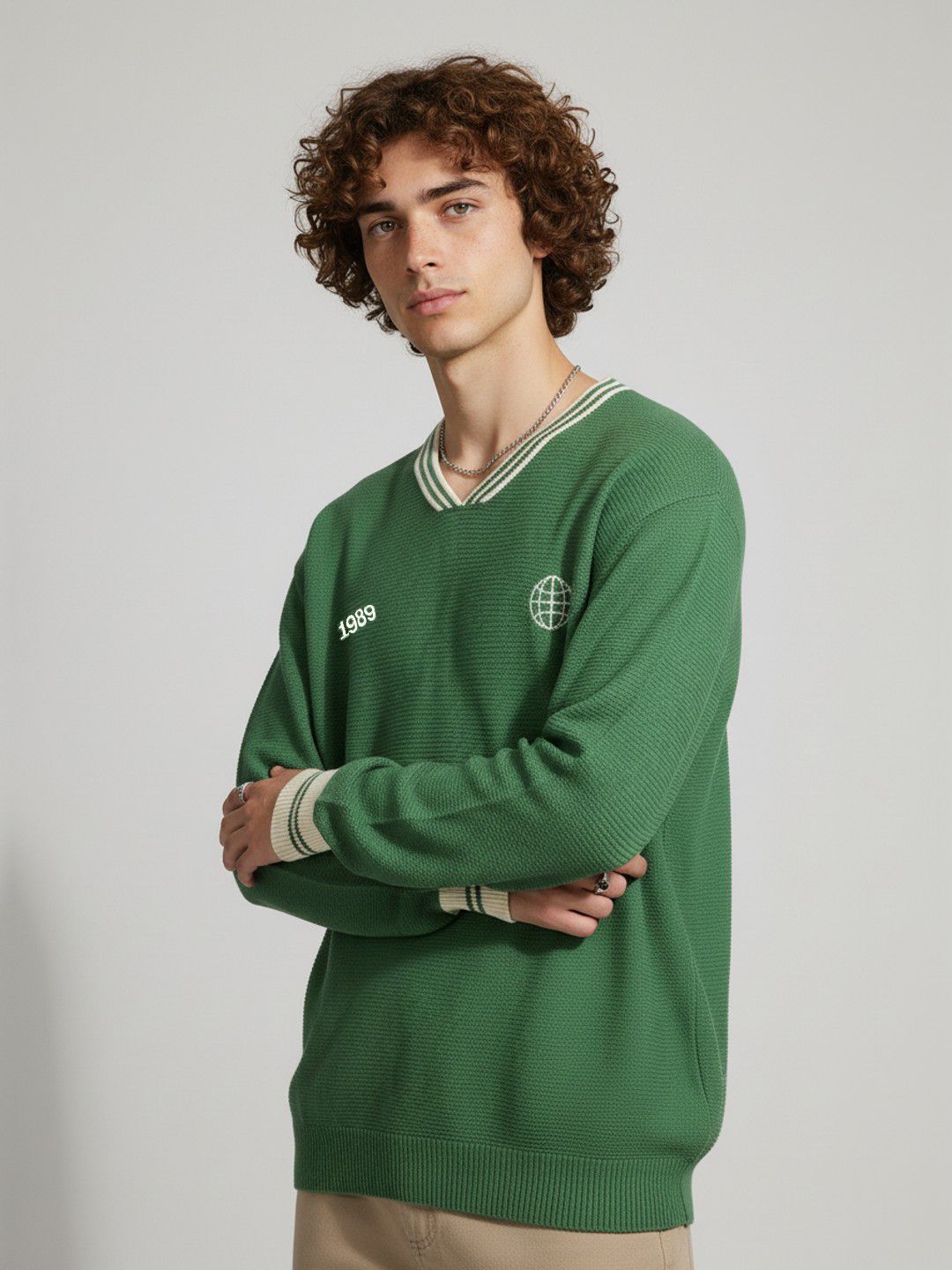 glitchez Contrast Neck Embroidered Oversized Pullover