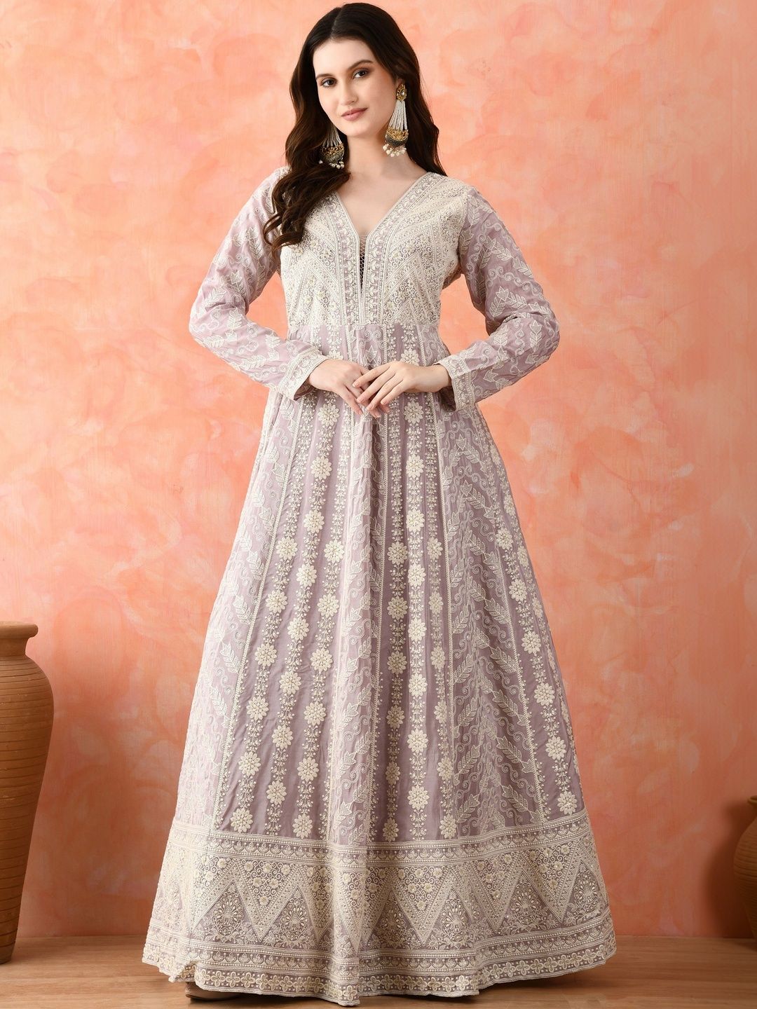 ZARIKALI Embroidered Panelled Thread Work Pure Silk Kurta with Palazzos & With Dupatta-image-0
