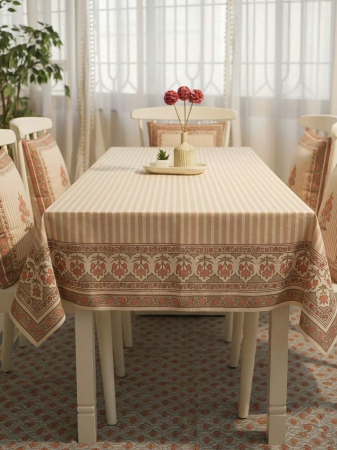 Peepul Tree Pink Striped Anti-Slip Cotton 6-Seater Table Cover-picture-10