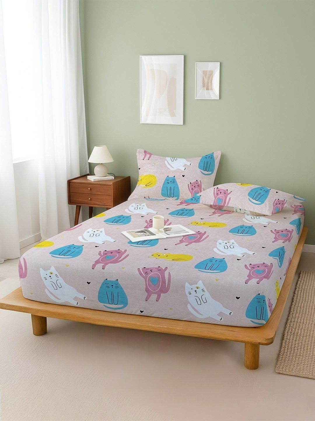 WEAVE AND DECOR Beige Cartoon Characters 300 TC Single Bedsheet with 2 Pillow Covers-picture-43