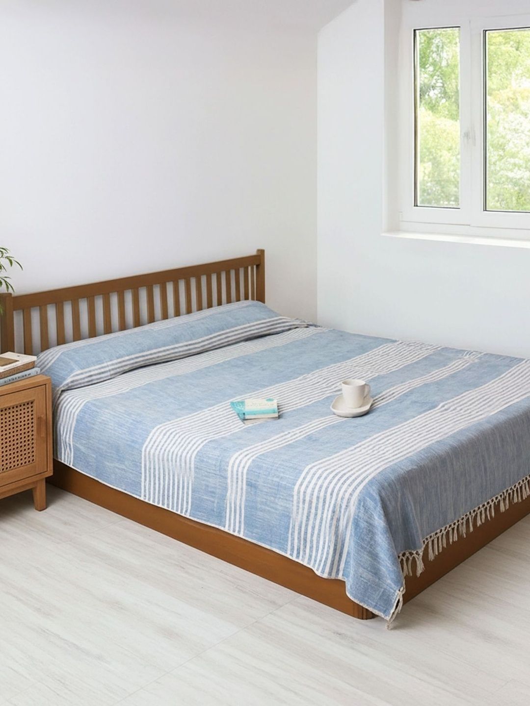 Peepul Tree Blue & Off White Striped Pure Cotton Double Queen Bed Cover-image-36