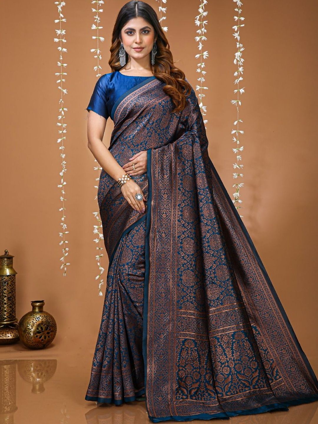 HERE&NOW Ethnic Motifs Zari Silk Blend Handloom Banarasi Saree-picture-36