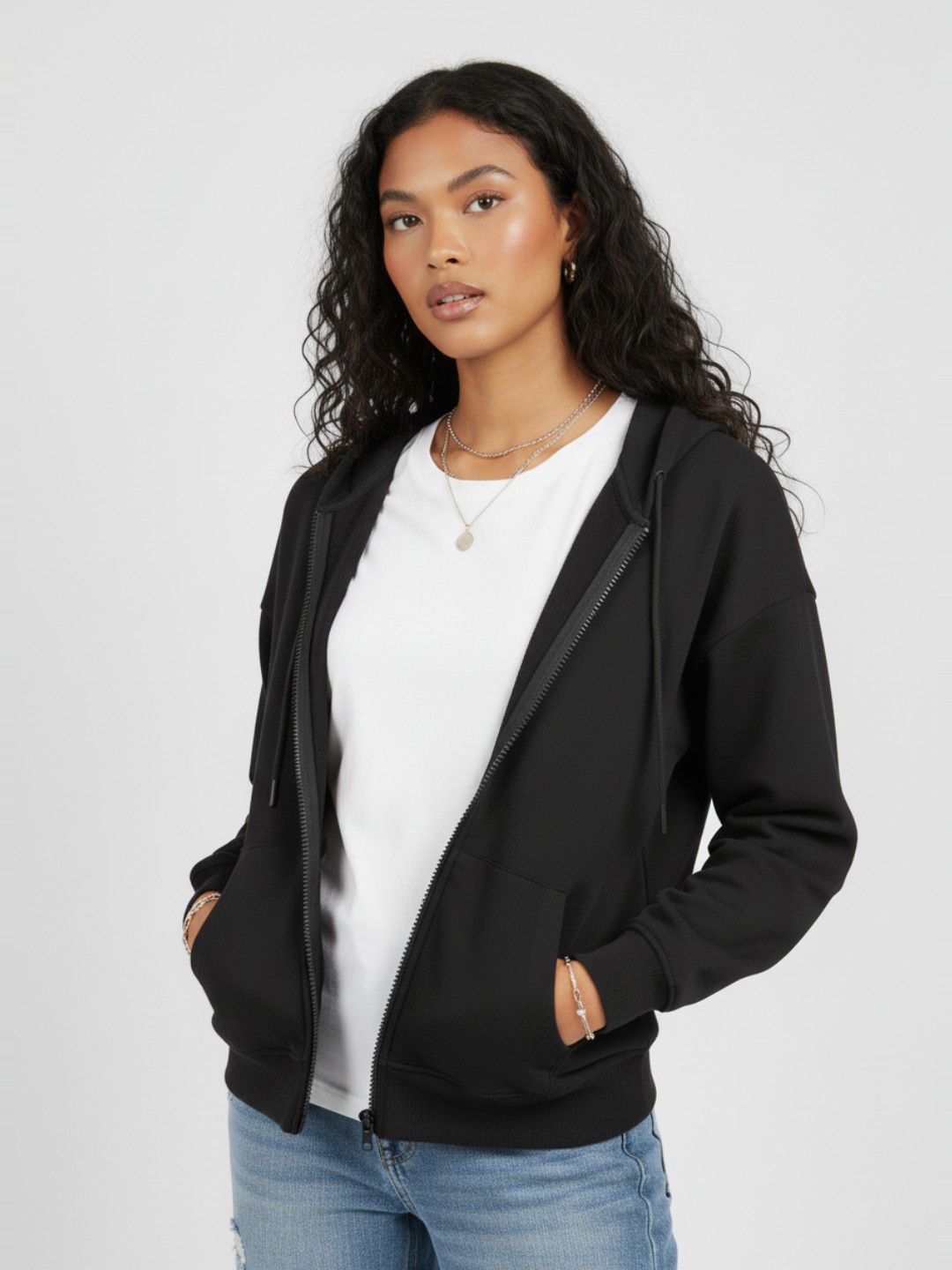 glitchez Hooded Drop-Shoulder Sleeves Oversized Front-Open Sweatshirt