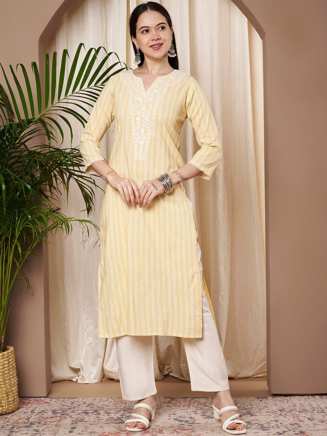 HERE&NOW Striped V-Neck Thread Work Thread Work Kurti-picture-49
