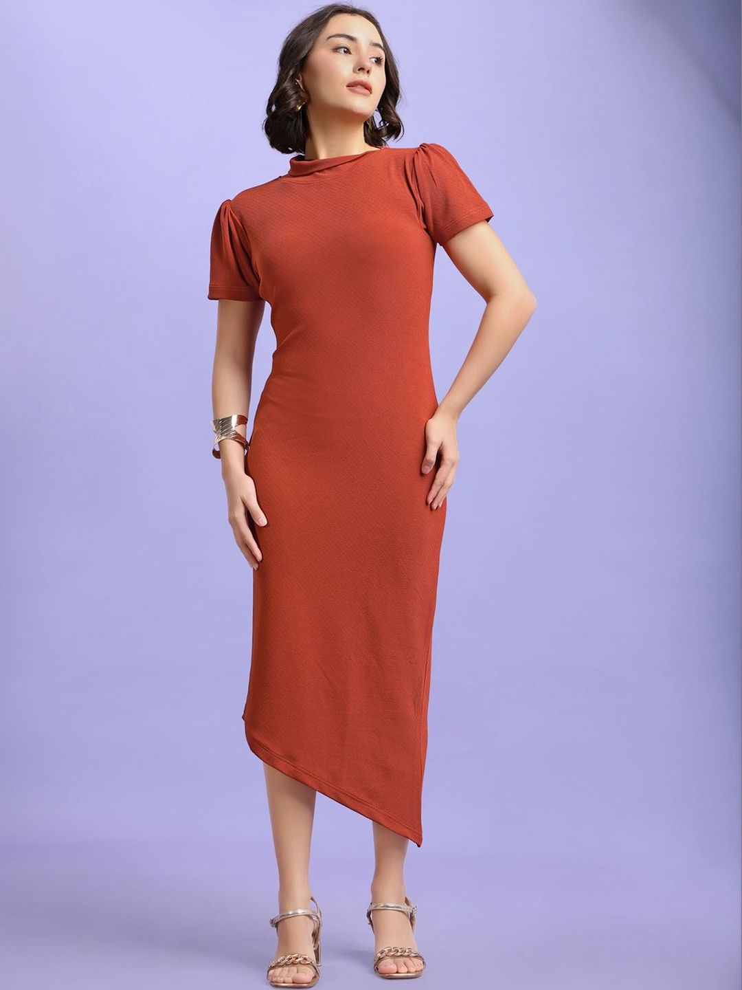 PURVAJA Puff Sleeve Sheath Midi Dress-image-2