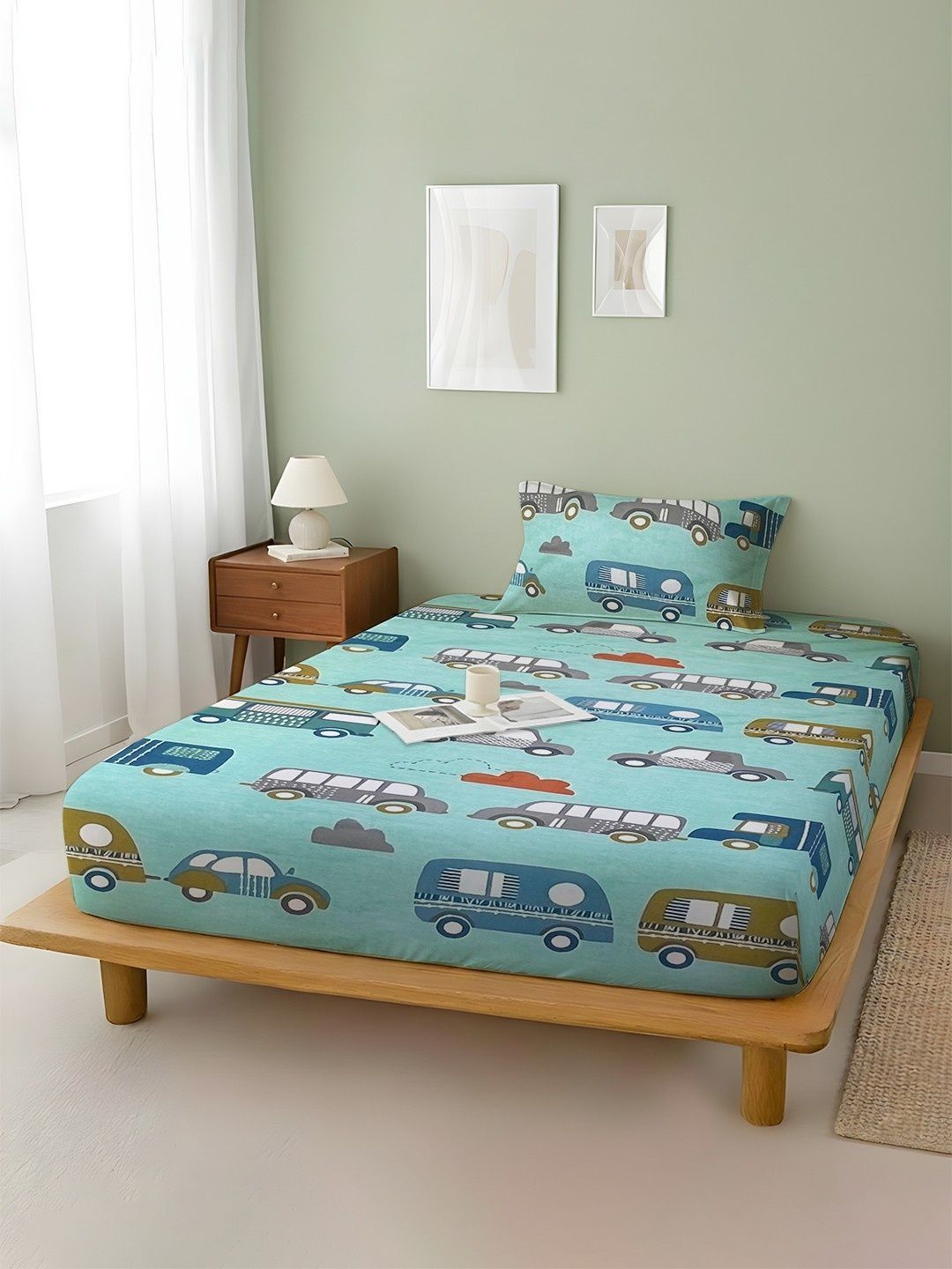 WEAVE AND DECOR Turquoise Blue Conversational 300 TC Single Bedsheet with 1 Pillow Covers-picture-58