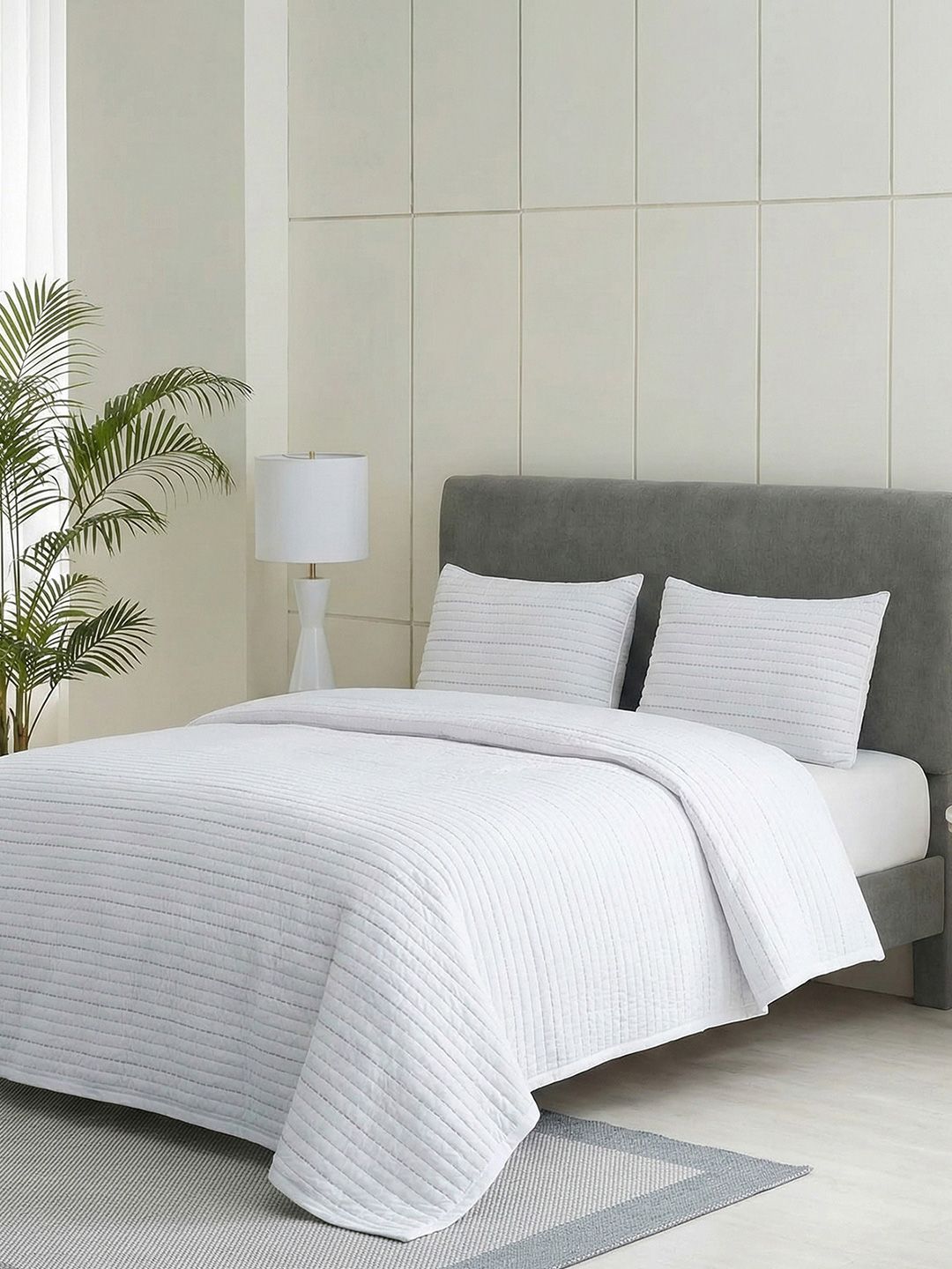 DDecor White Set of 3 Striped Mild Winter 110 GSM Double Bed Quilt-image-38