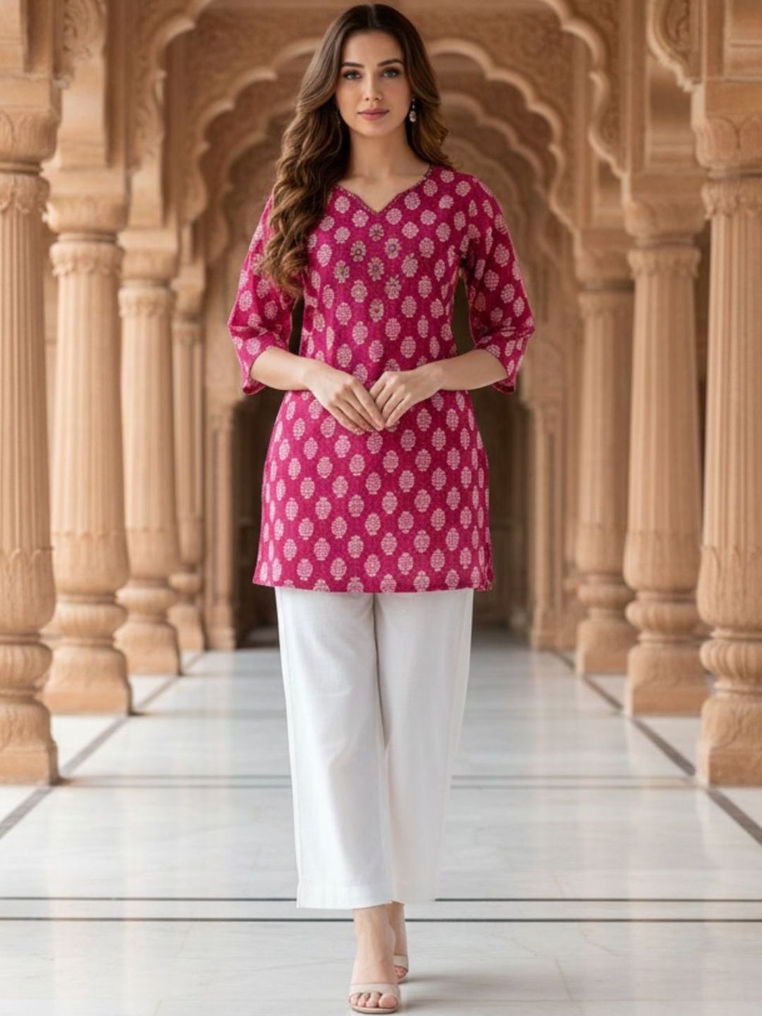 OZIA Ethnic Motifs Printed V-Neck Pure Cotton Kurti-picture-50