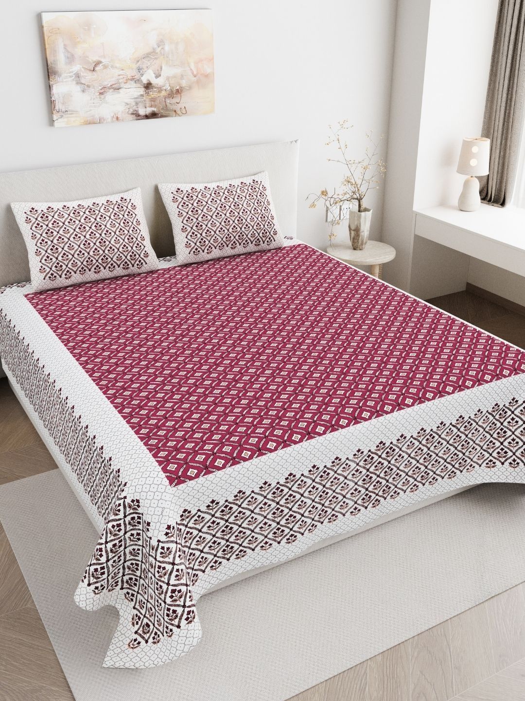 JAIPUR FABRIC Maroon Geometric 180 TC King Bedsheet with 2 Pillow Covers-image-3