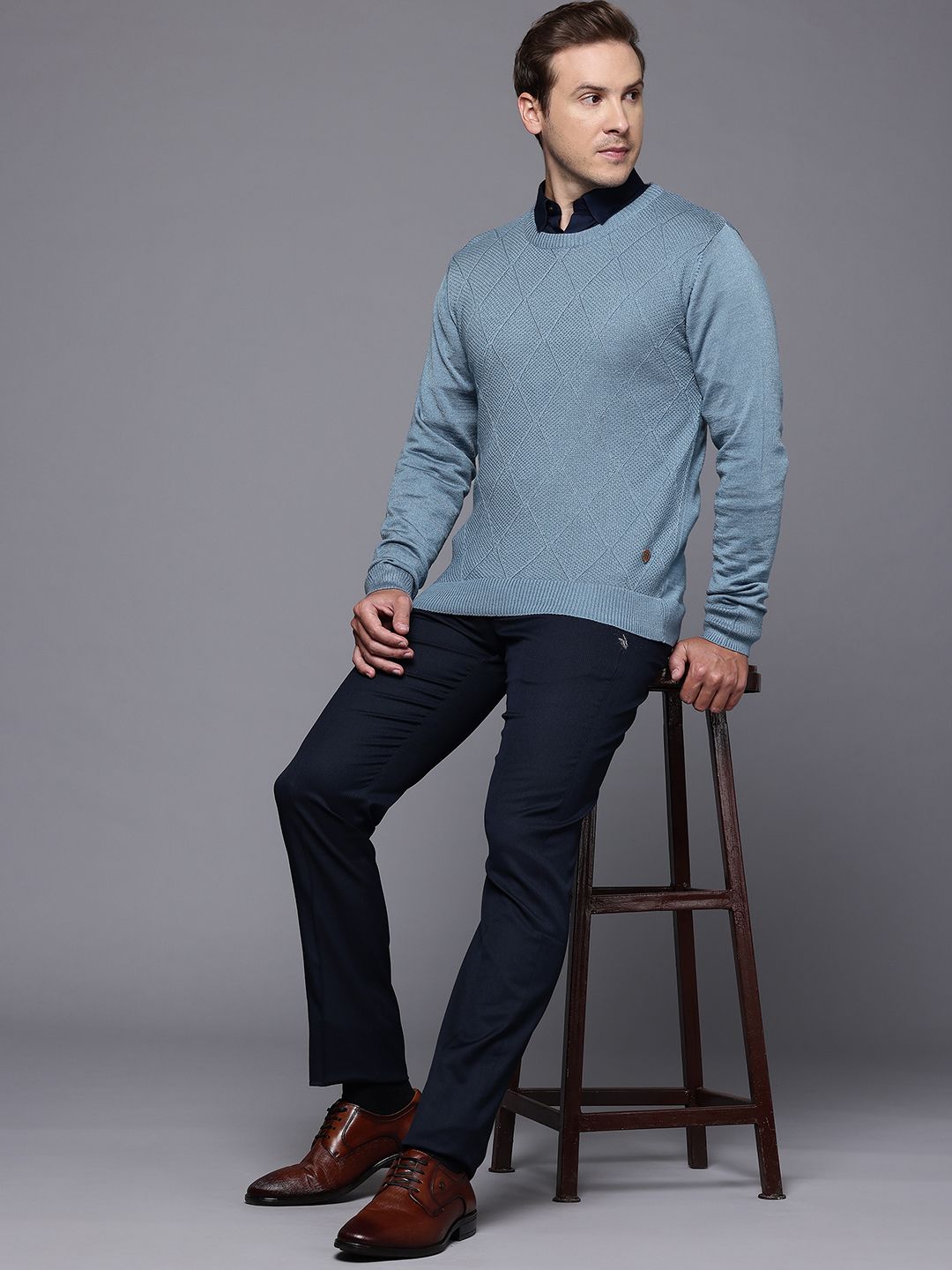 Raymond Geometric Self Design Round Neck Formal Pullover-image-19