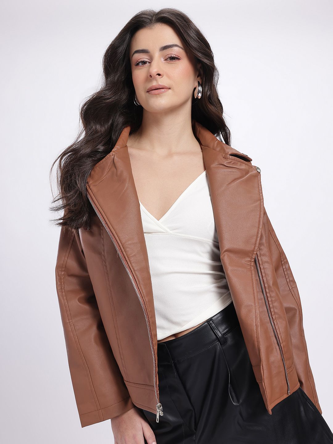 glitchez Spread Collar Drop-Shoulder Sleeves Oversized PU Biker Jacket-picture-54